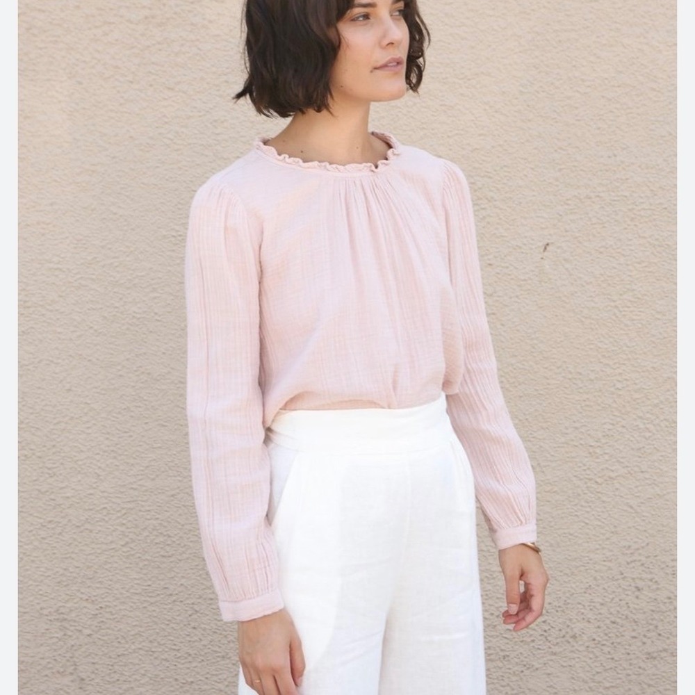 Xirena Fayth Cotton Gauze Frill Neck Long Sleeve Blouse in Angel Pink SZ M